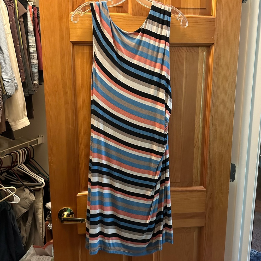 Loft striped dress with side rouching. White/pink/blue. Women’s size medium.